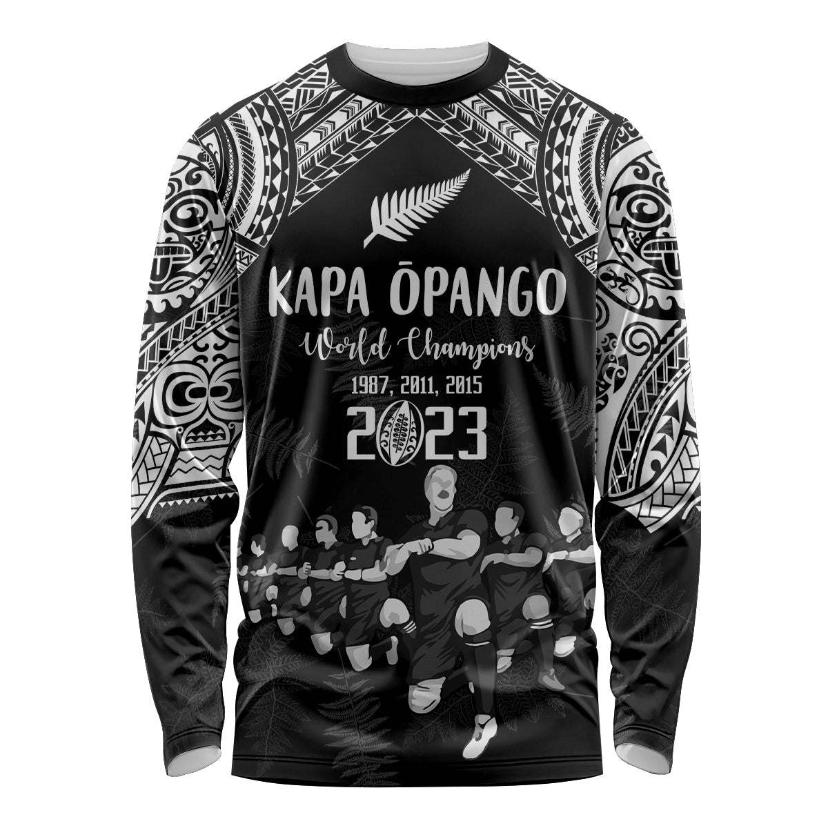 Custom NZ Rugby Long Sleeve Shirt Kapa Opango Maori Haka With Years of The All Black Champions LT9 Unisex Black - Polynesian Pride