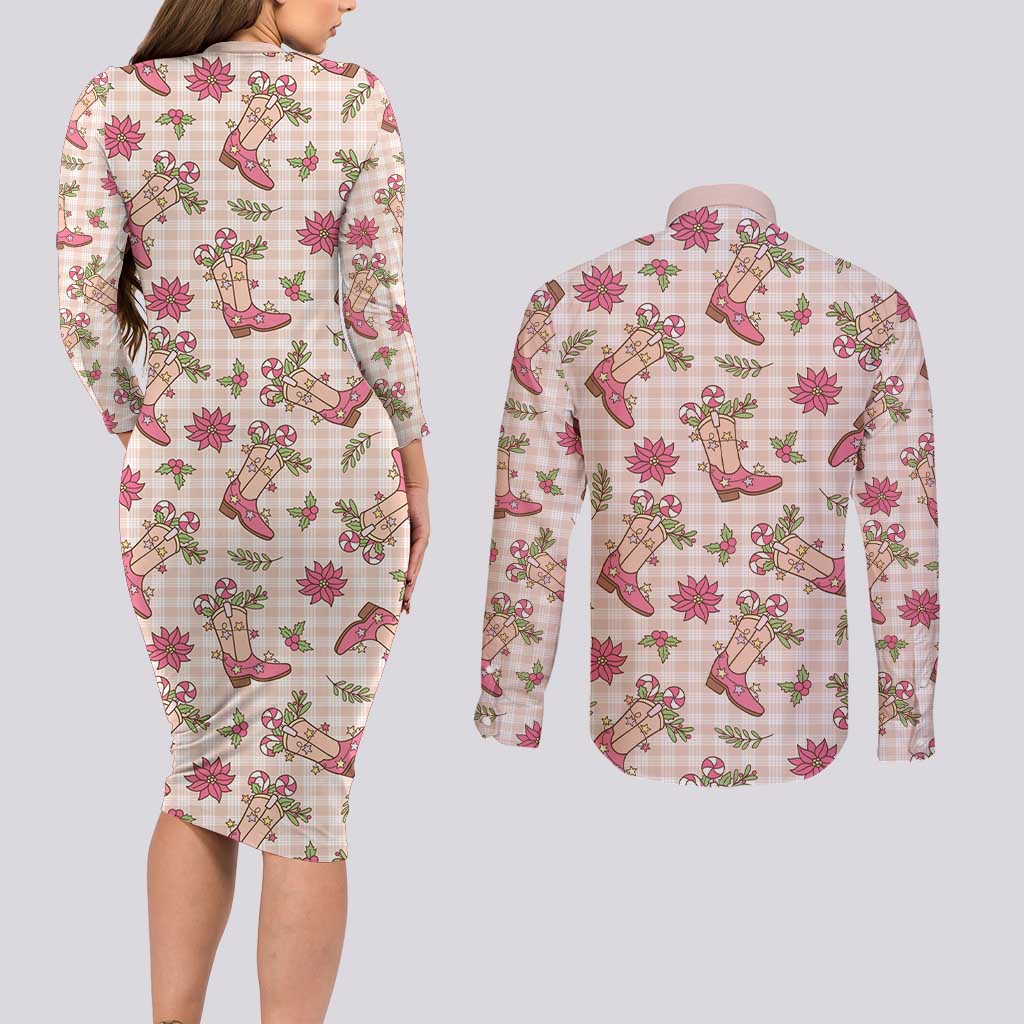Beige Paniolo Palaka Hawaiian Cowgirl Christmas Couples Matching Long Sleeve Bodycon Dress and Long Sleeve Button Shirt - Polynesian Pride