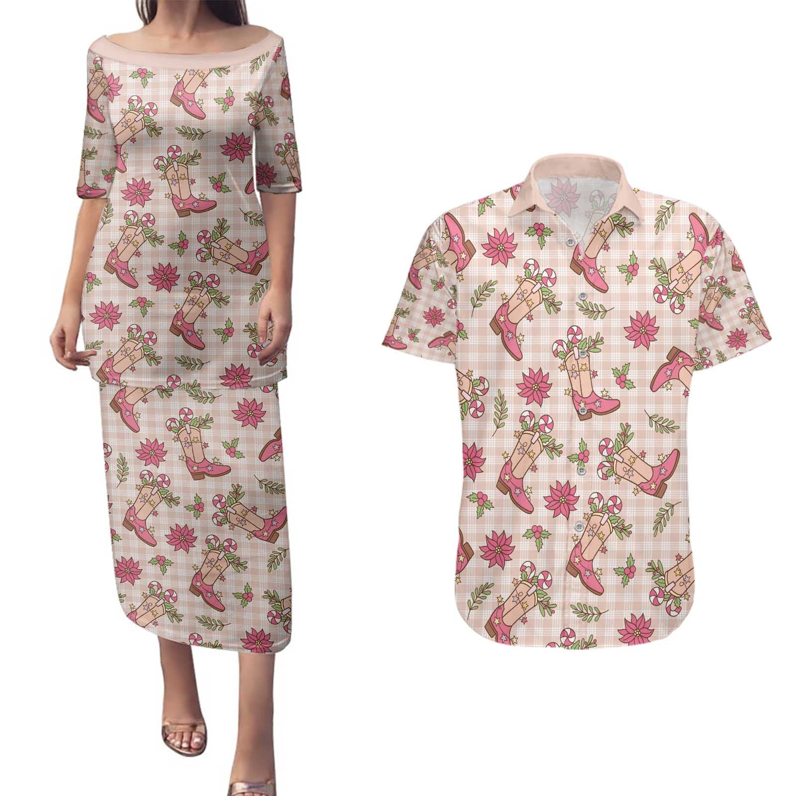 Beige Paniolo Palaka Hawaiian Cowgirl Christmas Couples Matching Puletasi and Hawaiian Shirt - Polynesian Pride