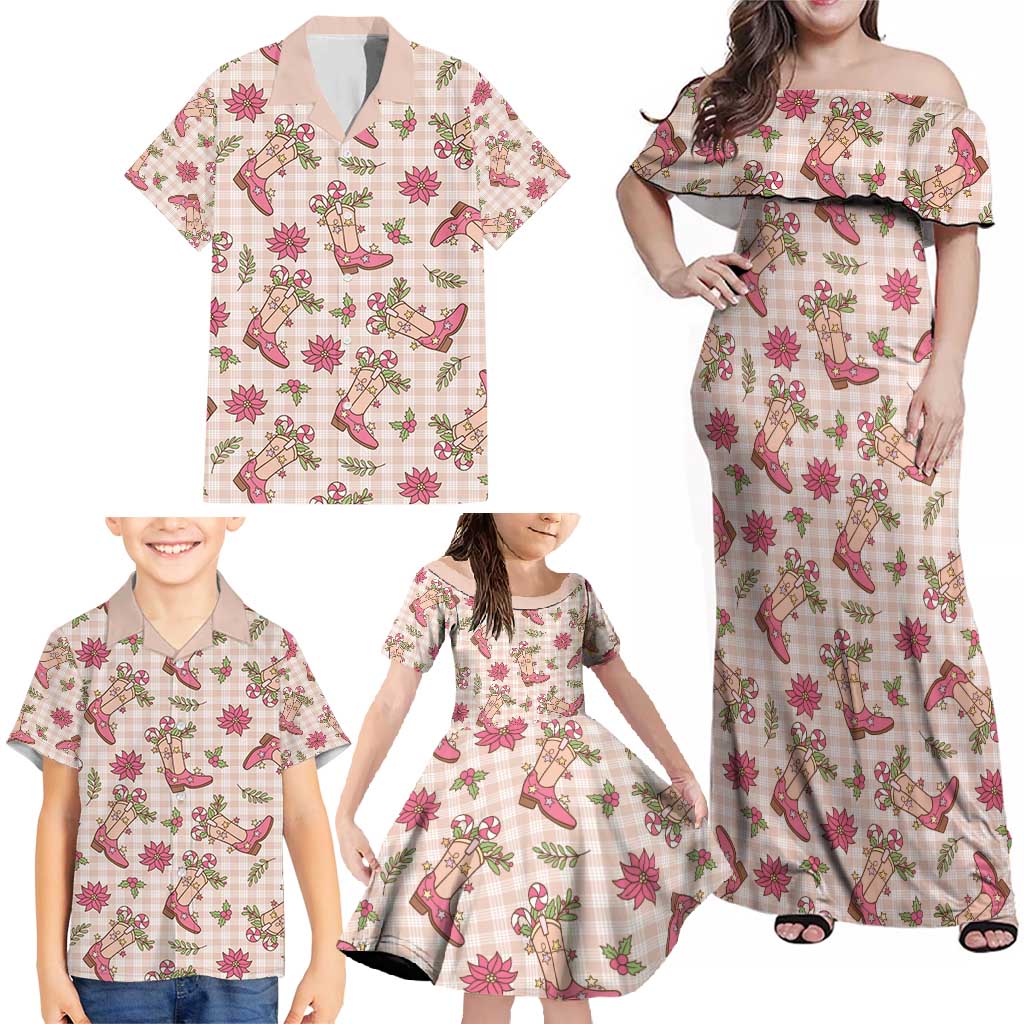Beige Paniolo Palaka Hawaiian Cowgirl Christmas Family Matching Off Shoulder Maxi Dress and Hawaiian Shirt - Polynesian Pride