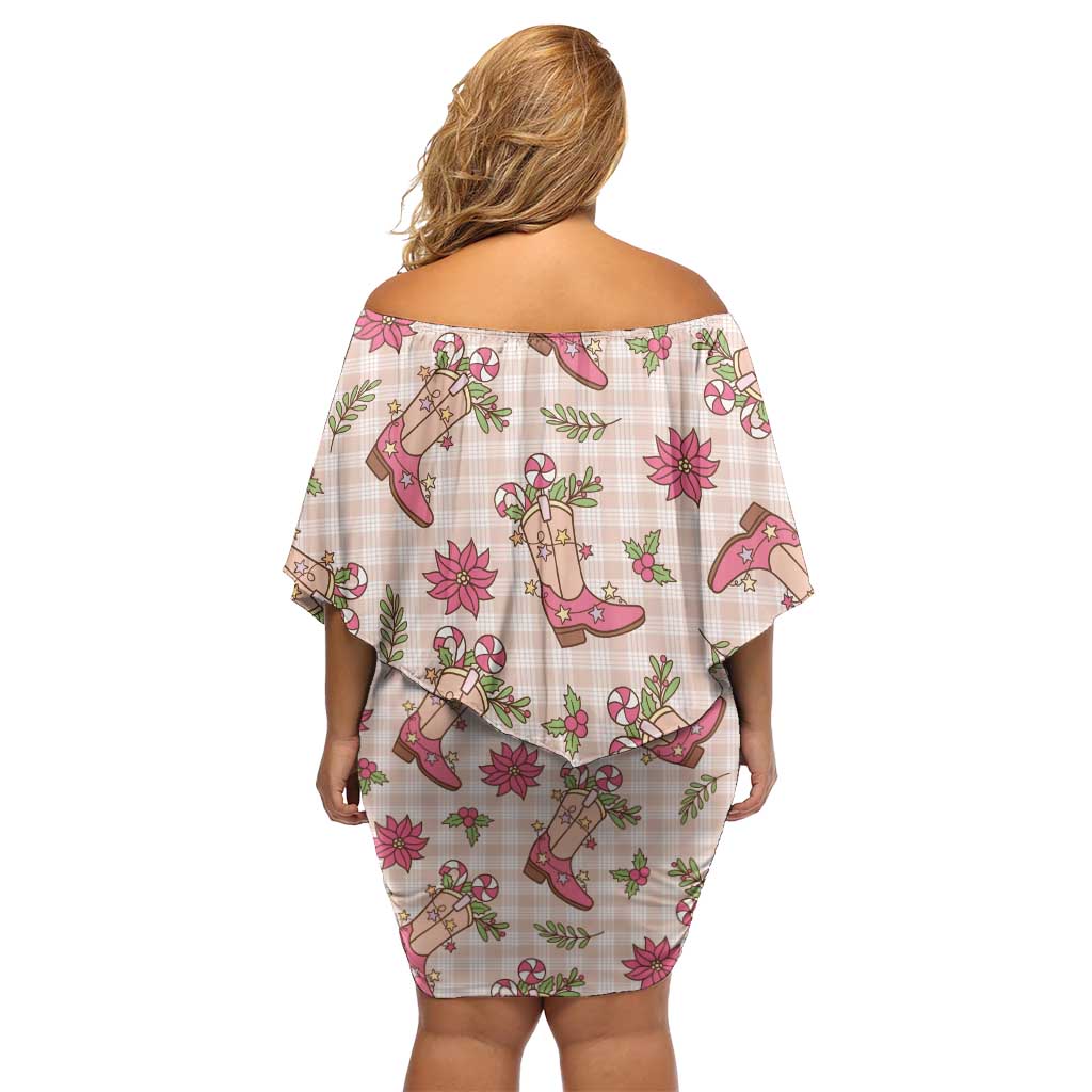 Beige Paniolo Palaka Hawaiian Cowgirl Christmas Family Matching Off Shoulder Short Dress and Hawaiian Shirt - Polynesian Pride