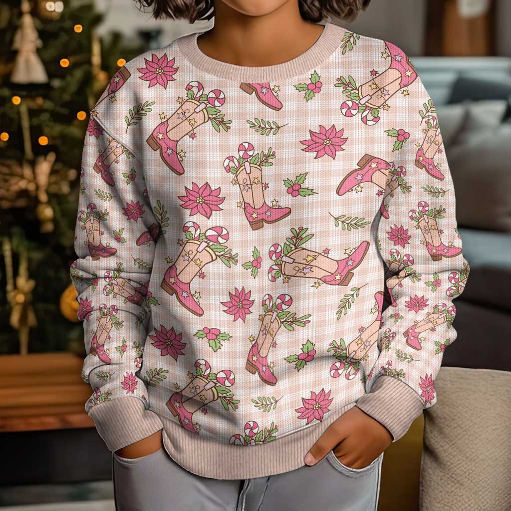Beige Paniolo Palaka Hawaiian Cowgirl Christmas Kid Ugly Christmas Sweater - Polynesian Pride
