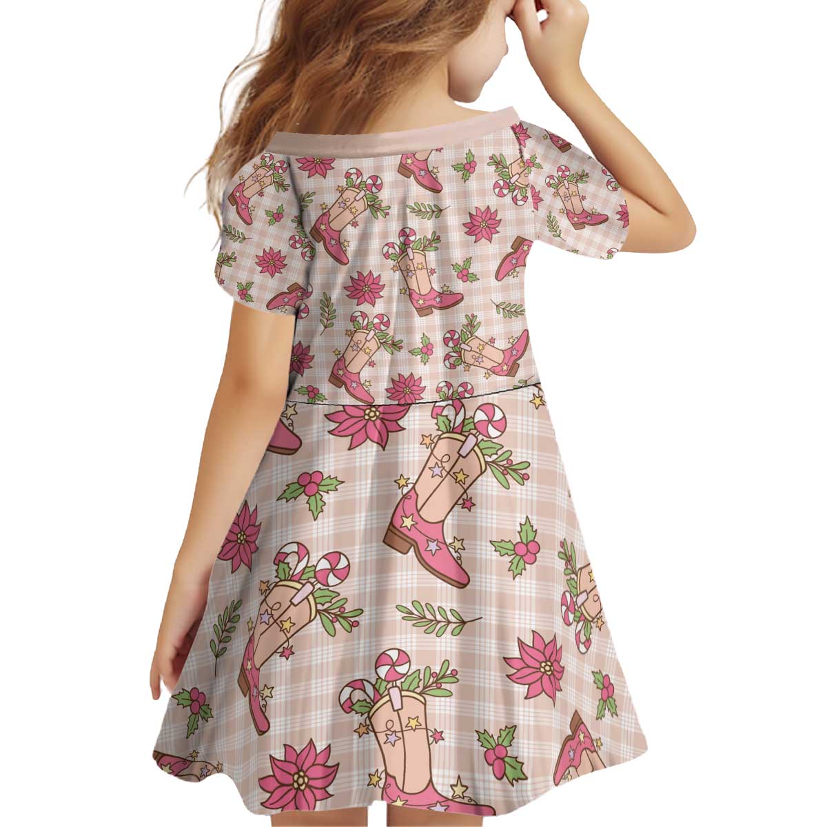 Beige Paniolo Palaka Hawaiian Cowgirl Christmas Kid Short Sleeve Dress - Polynesian Pride