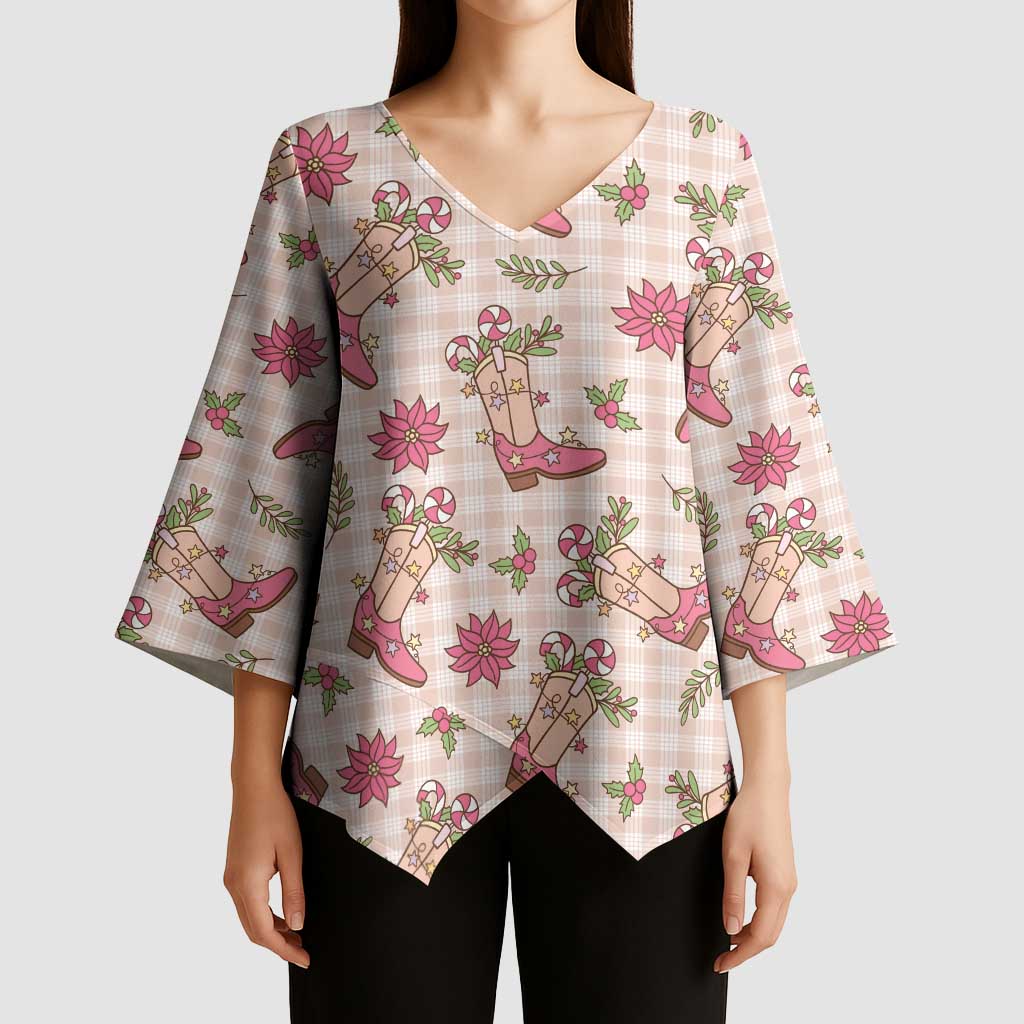 Beige Paniolo Palaka Hawaiian Cowgirl Christmas Kimono Sleeve Blouse - Polynesian Pride