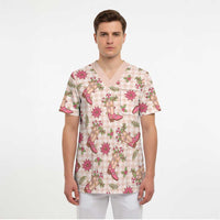 Beige Paniolo Palaka Hawaiian Cowgirl Christmas Scrub Top - Polynesian Pride