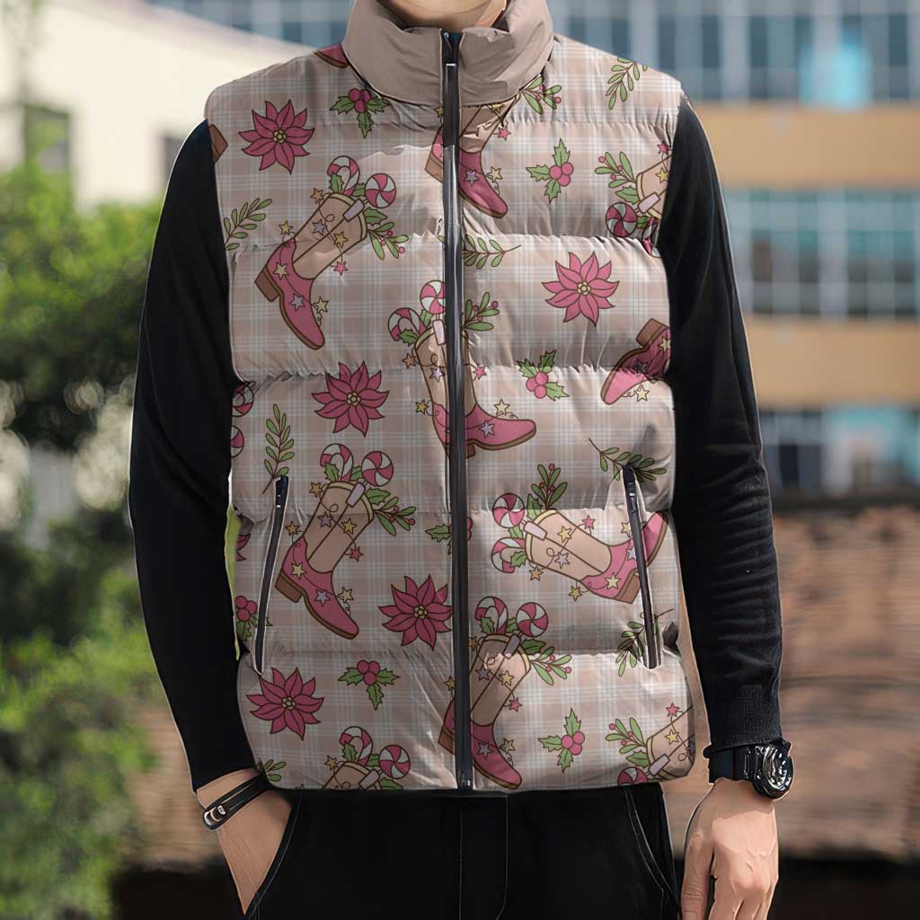 Beige Paniolo Palaka Hawaiian Cowgirl Christmas Sleeveless Puffer Jacket - Polynesian Pride