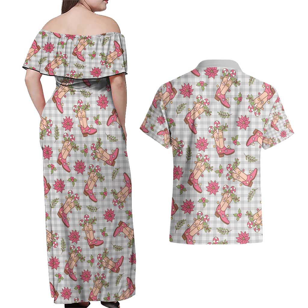 Gray Paniolo Palaka Hawaiian Cowgirl Christmas Couples Matching Off Shoulder Maxi Dress and Hawaiian Shirt - Polynesian Pride