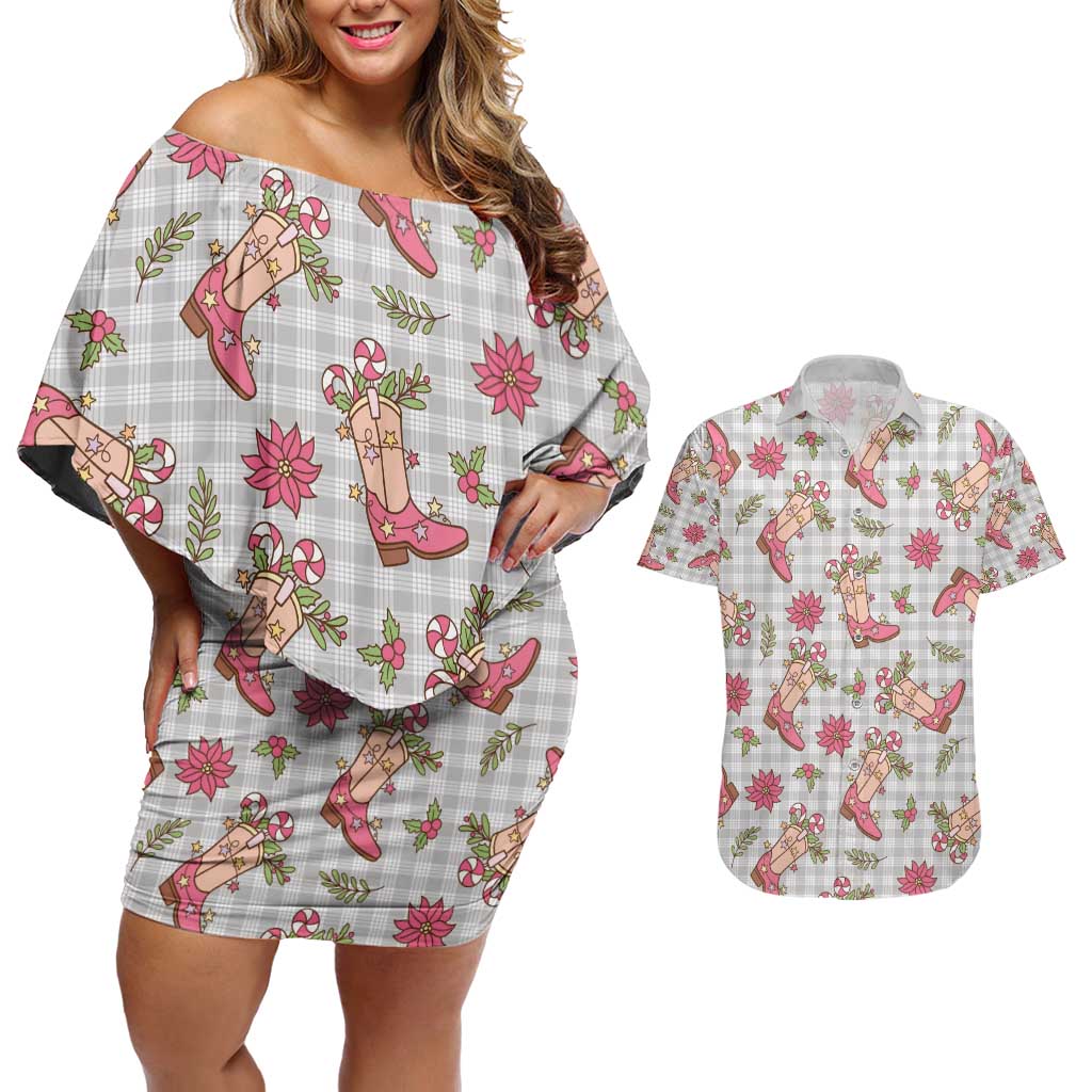 Gray Paniolo Palaka Hawaiian Cowgirl Christmas Couples Matching Off Shoulder Short Dress and Hawaiian Shirt - Polynesian Pride