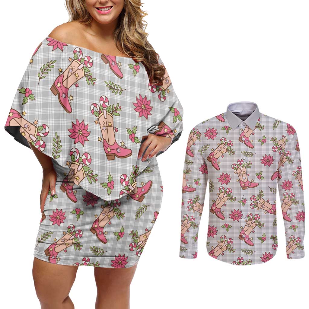 Gray Paniolo Palaka Hawaiian Cowgirl Christmas Couples Matching Off Shoulder Short Dress and Long Sleeve Button Shirt - Polynesian Pride