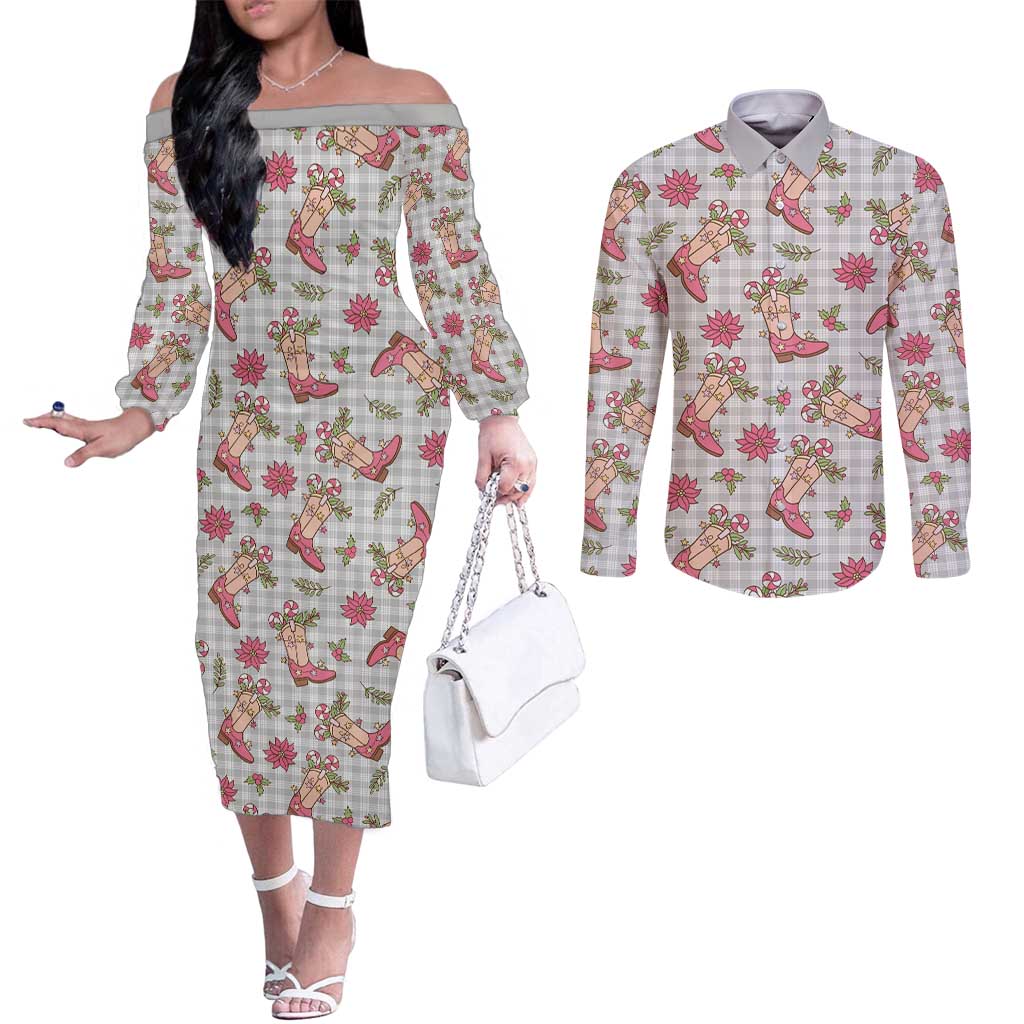Gray Paniolo Palaka Hawaiian Cowgirl Christmas Couples Matching Off The Shoulder Long Sleeve Dress and Long Sleeve Button Shirt - Polynesian Pride