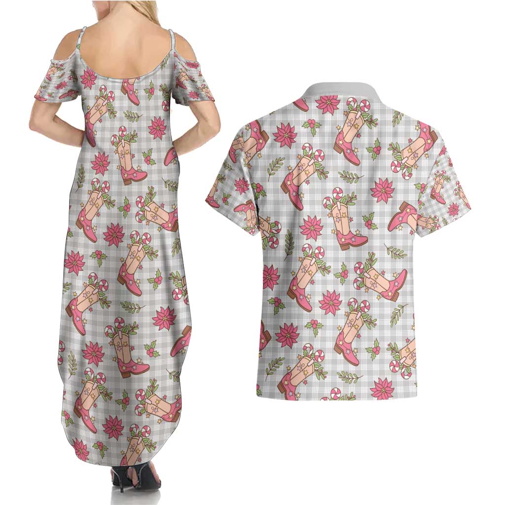 Gray Paniolo Palaka Hawaiian Cowgirl Christmas Couples Matching Summer Maxi Dress and Hawaiian Shirt - Polynesian Pride