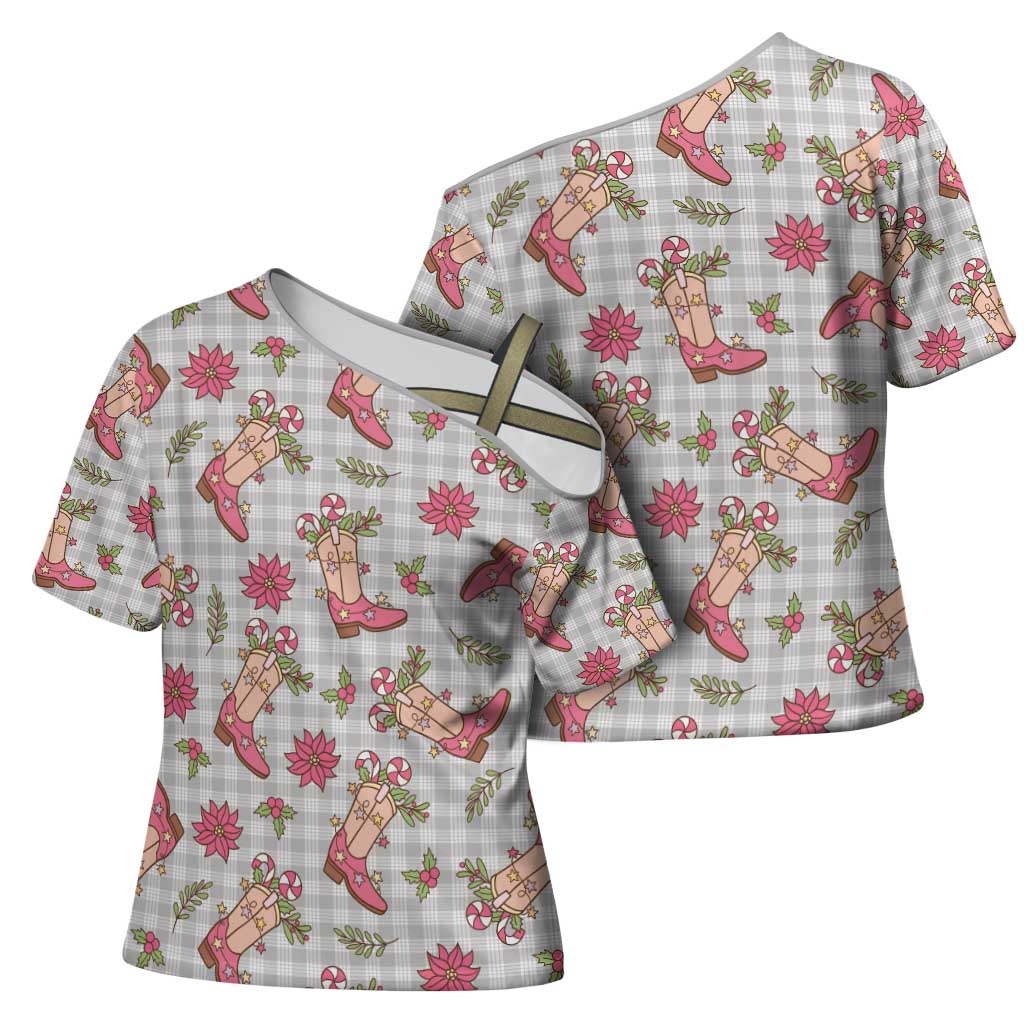 Gray Paniolo Palaka Hawaiian Cowgirl Christmas Cross Shoulder Shirt - Polynesian Pride