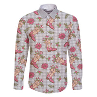 Gray Paniolo Palaka Hawaiian Cowgirl Christmas Family Matching Off The Shoulder Long Sleeve Dress and Hawaiian Shirt - Polynesian Pride