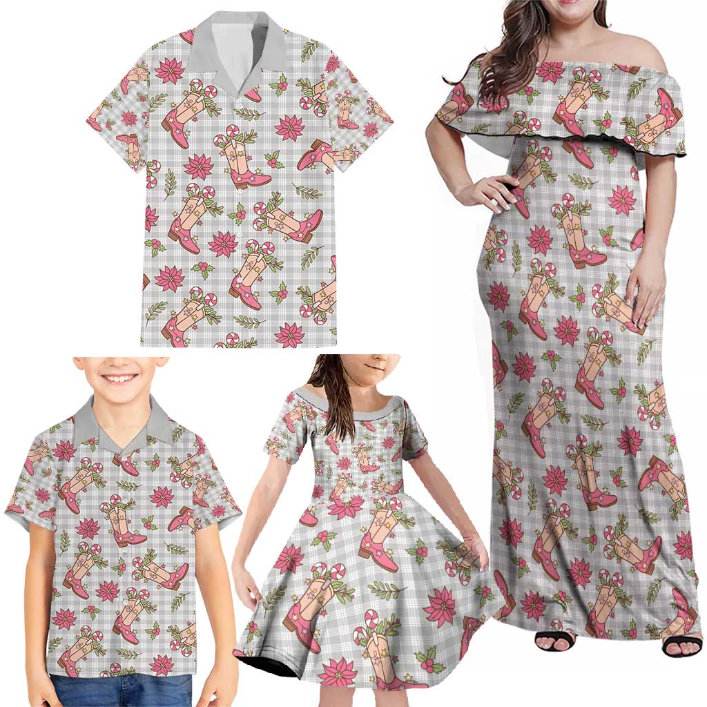 Gray Paniolo Palaka Hawaiian Cowgirl Christmas Family Matching Off Shoulder Maxi Dress and Hawaiian Shirt - Polynesian Pride