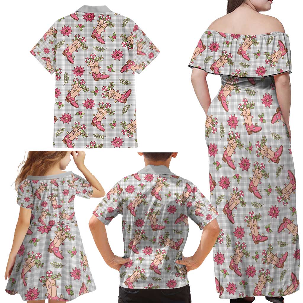 Gray Paniolo Palaka Hawaiian Cowgirl Christmas Family Matching Off Shoulder Maxi Dress and Hawaiian Shirt - Polynesian Pride