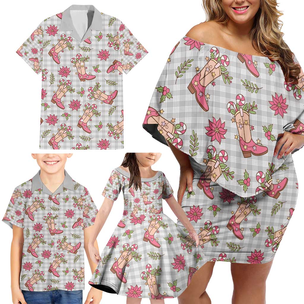 Gray Paniolo Palaka Hawaiian Cowgirl Christmas Family Matching Off Shoulder Short Dress and Hawaiian Shirt - Polynesian Pride