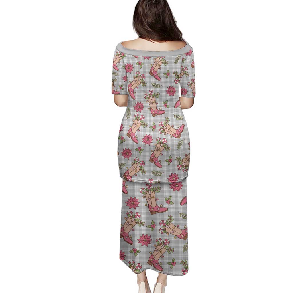 Gray Paniolo Palaka Hawaiian Cowgirl Christmas Family Matching Puletasi and Hawaiian Shirt - Polynesian Pride