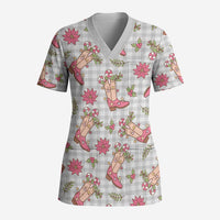 Gray Paniolo Palaka Hawaiian Cowgirl Christmas Scrub Top - Polynesian Pride