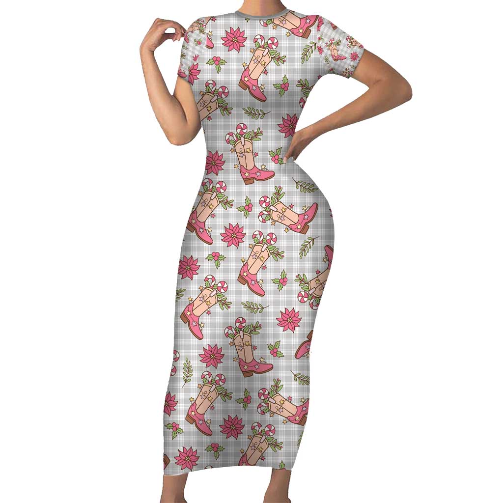 Gray Paniolo Palaka Hawaiian Cowgirl Christmas Short Sleeve Bodycon Dress - Polynesian Pride