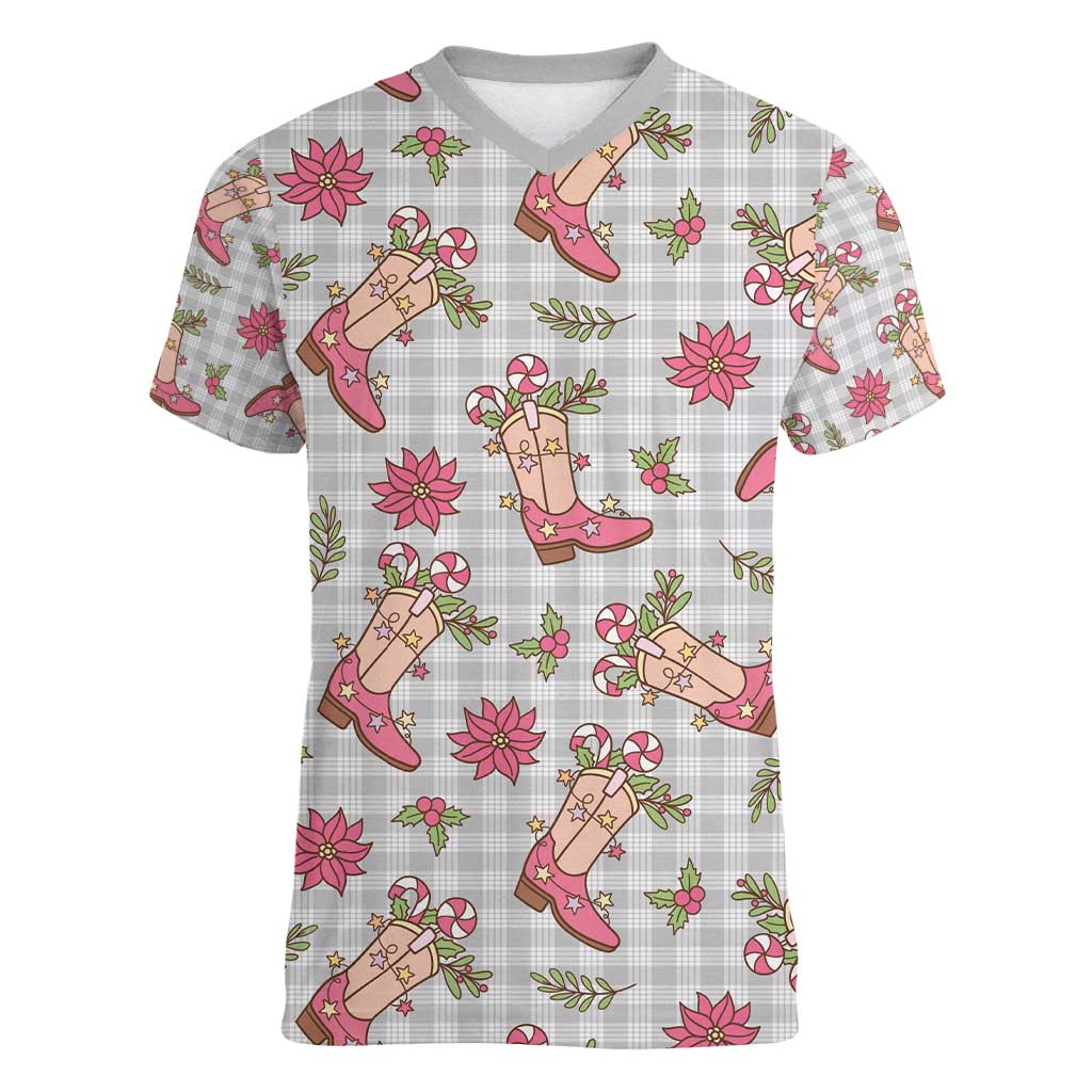 Gray Paniolo Palaka Hawaiian Cowgirl Christmas Women V-Neck T-Shirt - Polynesian Pride