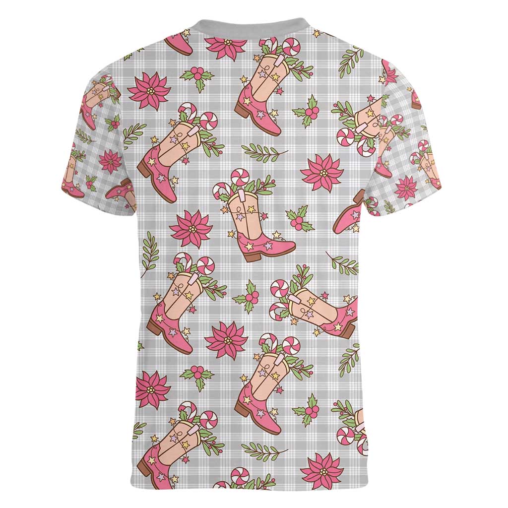 Gray Paniolo Palaka Hawaiian Cowgirl Christmas Women V-Neck T-Shirt - Polynesian Pride
