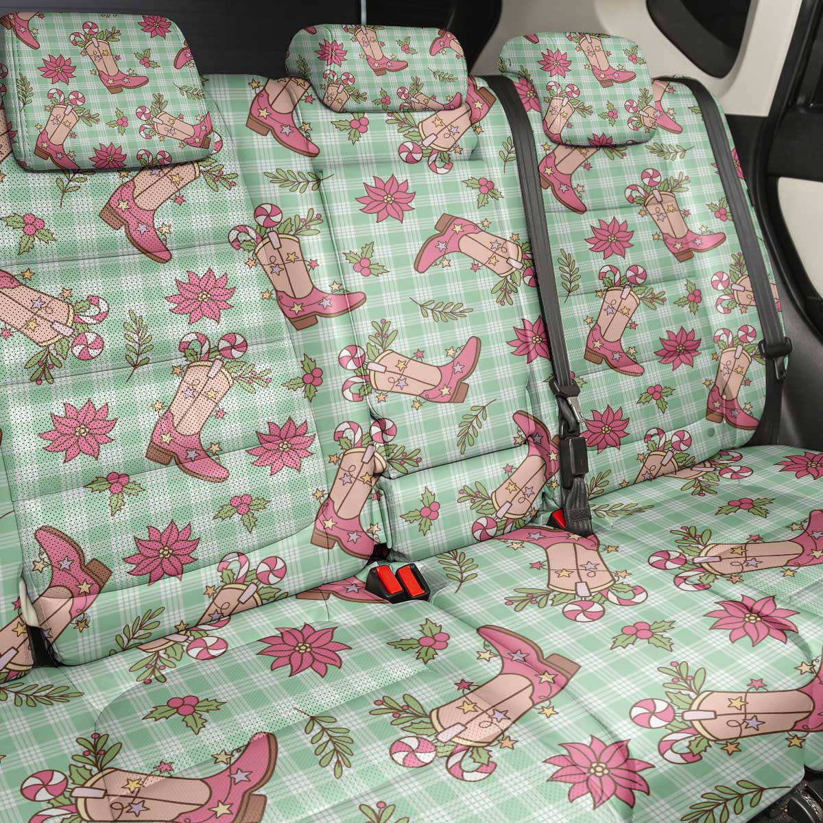 Green Paniolo Palaka Hawaiian Cowgirl Christmas Back Car Seat Cover - Polynesian Pride