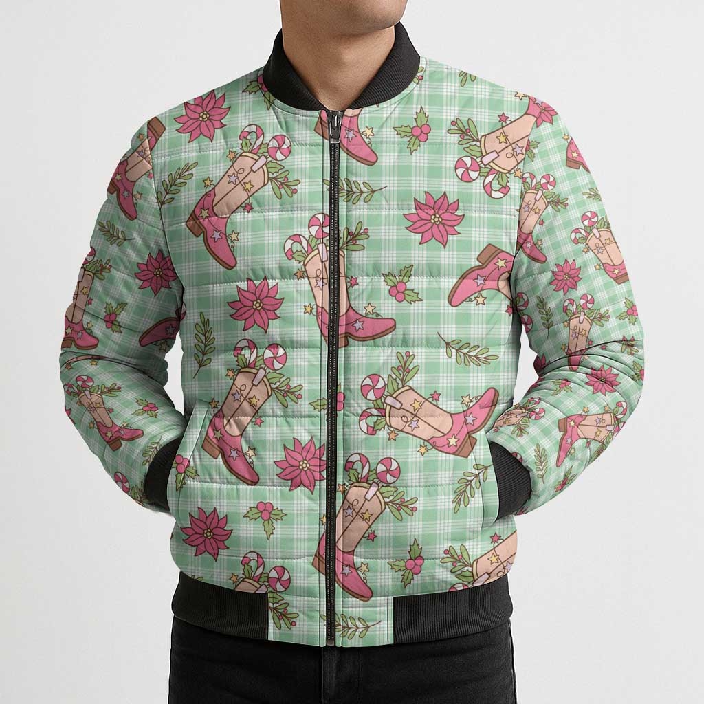 Green Paniolo Palaka Hawaiian Cowgirl Christmas Bomber Puffer Jacket - Polynesian Pride