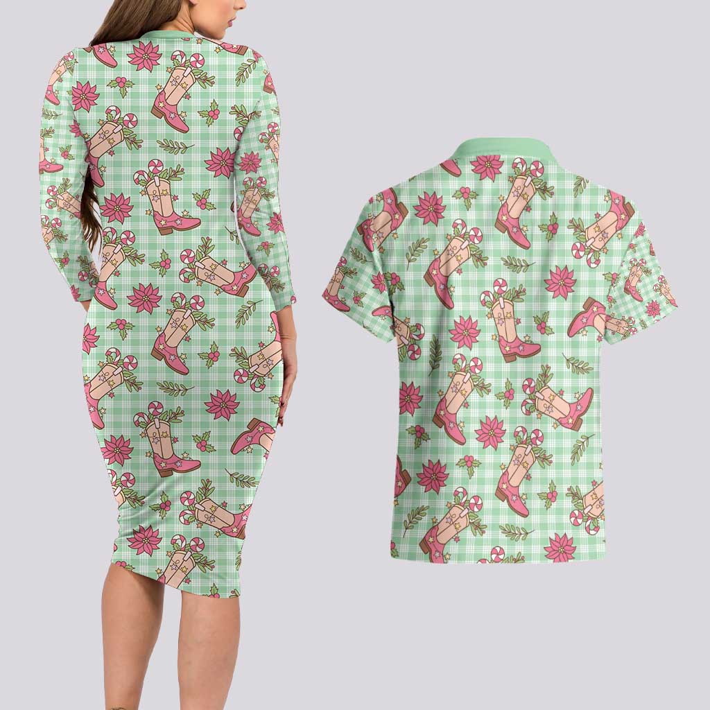 Green Paniolo Palaka Hawaiian Cowgirl Christmas Couples Matching Long Sleeve Bodycon Dress and Hawaiian Shirt - Polynesian Pride