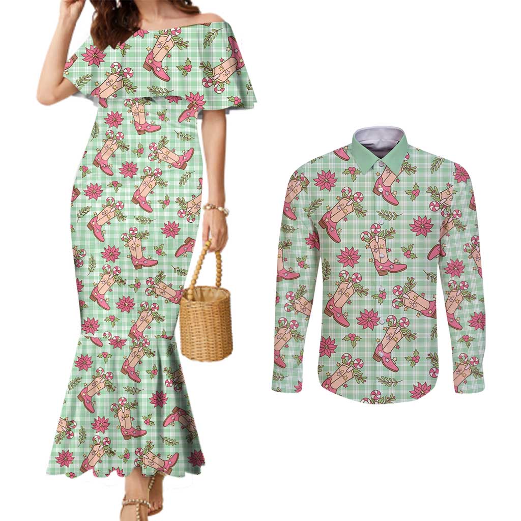 Green Paniolo Palaka Hawaiian Cowgirl Christmas Couples Matching Mermaid Dress and Long Sleeve Button Shirt - Polynesian Pride