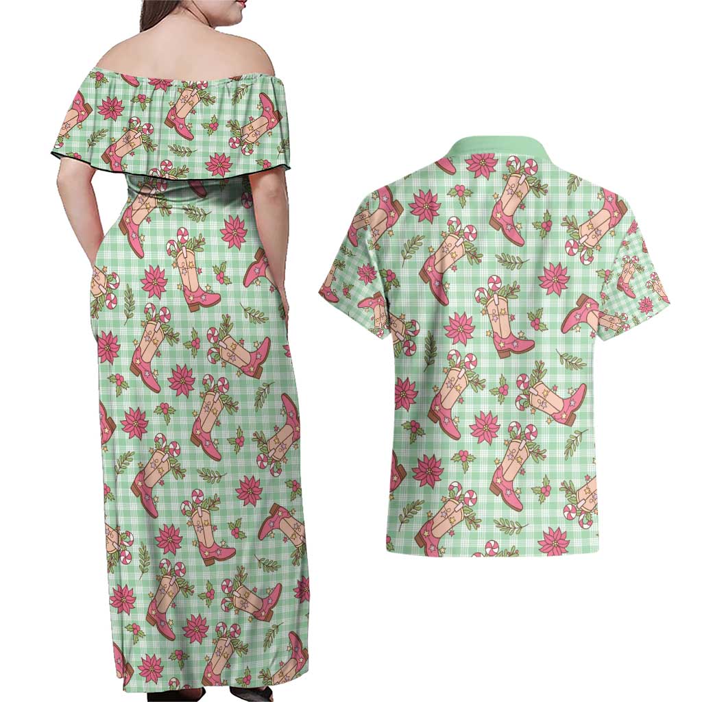 Green Paniolo Palaka Hawaiian Cowgirl Christmas Couples Matching Off Shoulder Maxi Dress and Hawaiian Shirt - Polynesian Pride