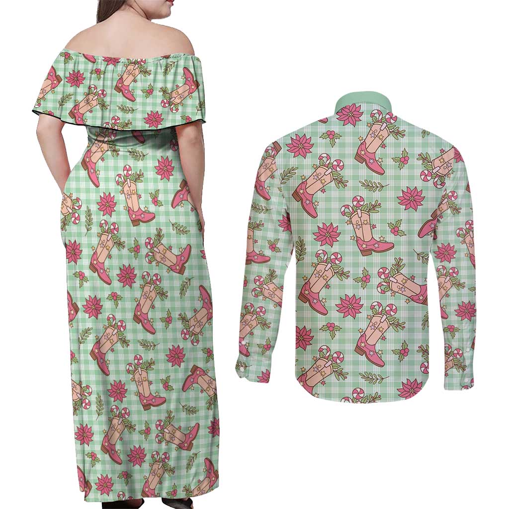Green Paniolo Palaka Hawaiian Cowgirl Christmas Couples Matching Off Shoulder Maxi Dress and Long Sleeve Button Shirt - Polynesian Pride