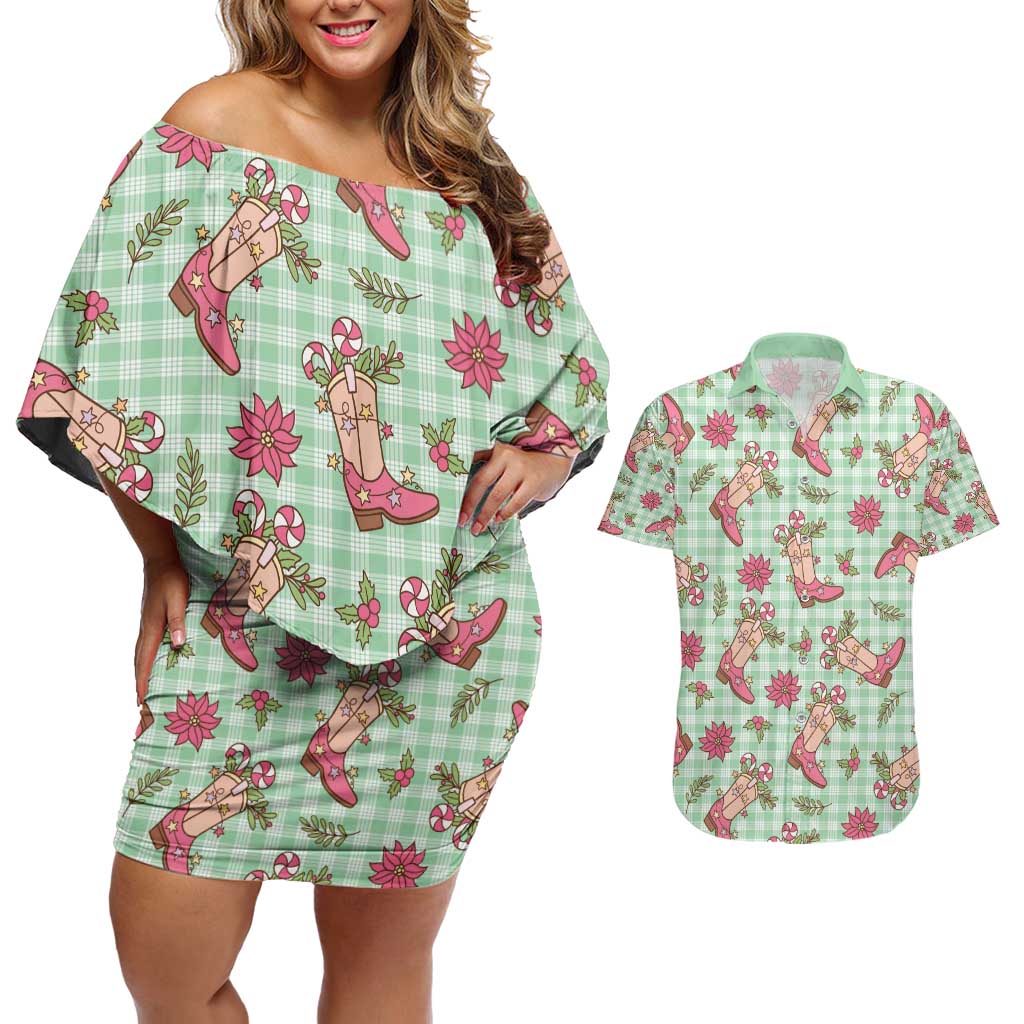 Green Paniolo Palaka Hawaiian Cowgirl Christmas Couples Matching Off Shoulder Short Dress and Hawaiian Shirt - Polynesian Pride