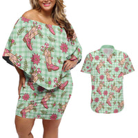 Green Paniolo Palaka Hawaiian Cowgirl Christmas Couples Matching Off Shoulder Short Dress and Hawaiian Shirt - Polynesian Pride