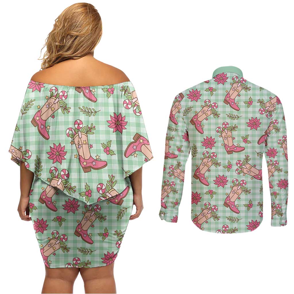 Green Paniolo Palaka Hawaiian Cowgirl Christmas Couples Matching Off Shoulder Short Dress and Long Sleeve Button Shirt - Polynesian Pride