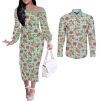 Green Paniolo Palaka Hawaiian Cowgirl Christmas Couples Matching Off The Shoulder Long Sleeve Dress and Long Sleeve Button Shirt - Polynesian Pride