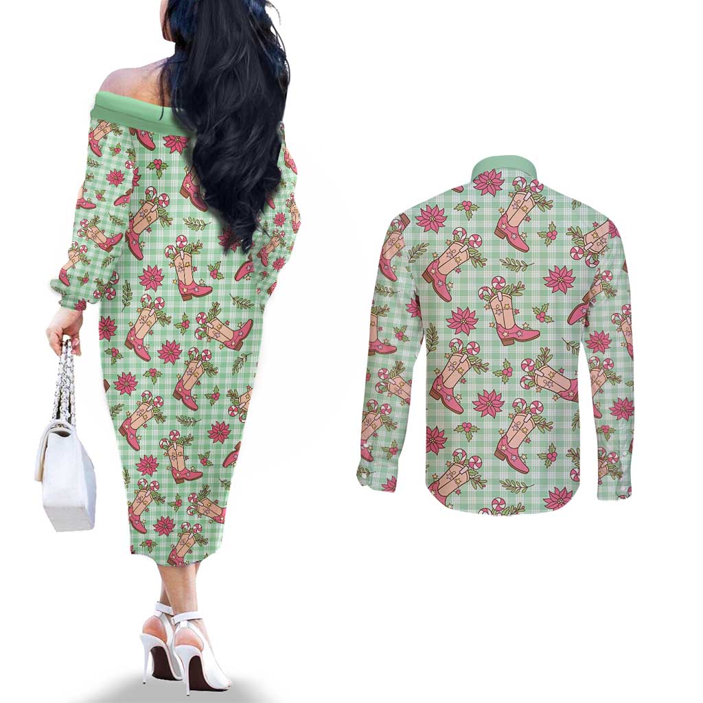 Green Paniolo Palaka Hawaiian Cowgirl Christmas Couples Matching Off The Shoulder Long Sleeve Dress and Long Sleeve Button Shirt - Polynesian Pride