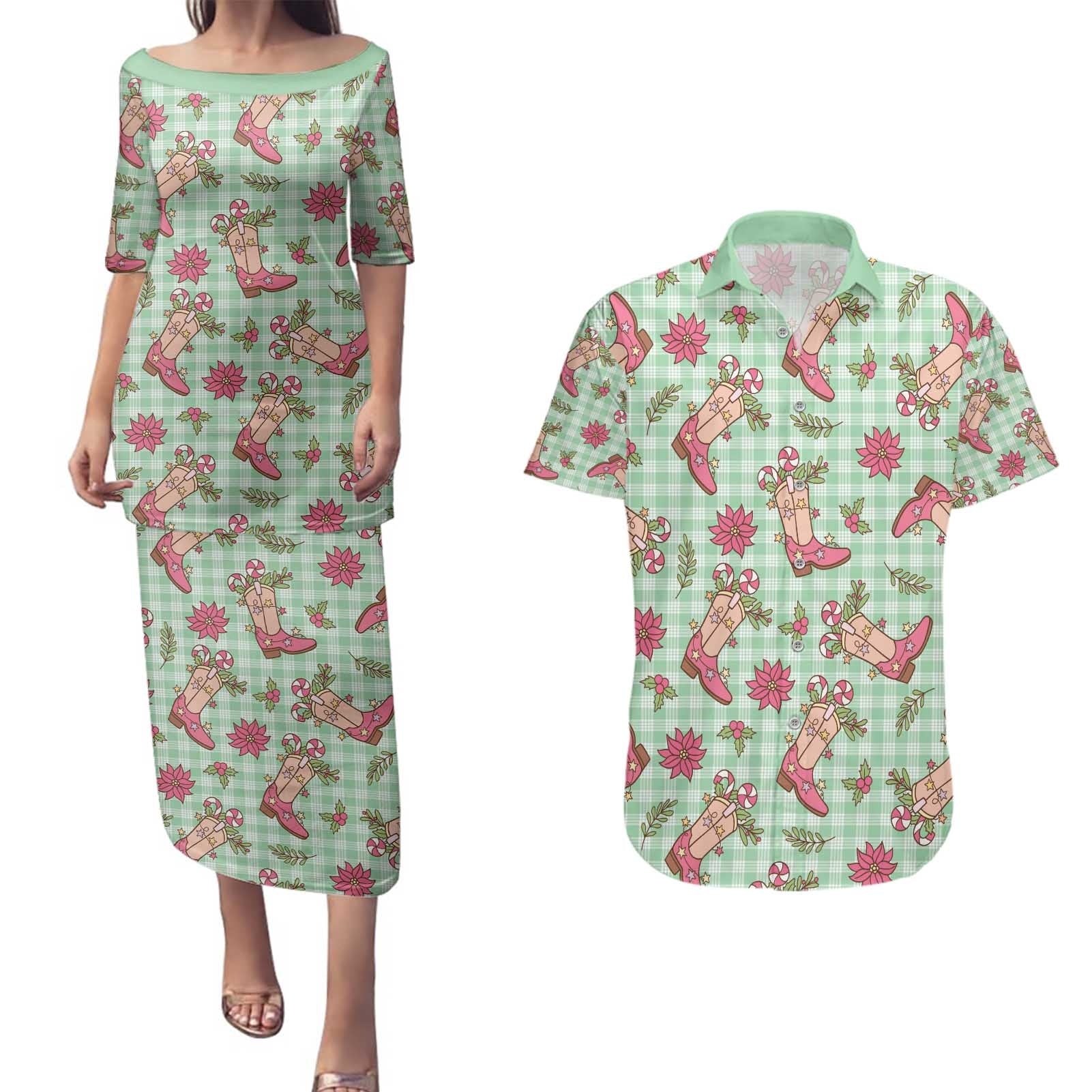 Green Paniolo Palaka Hawaiian Cowgirl Christmas Couples Matching Puletasi and Hawaiian Shirt - Polynesian Pride