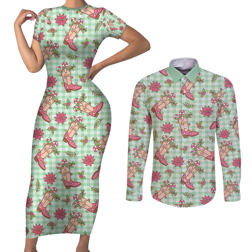 Green Paniolo Palaka Hawaiian Cowgirl Christmas Couples Matching Short Sleeve Bodycon Dress and Long Sleeve Button Shirt - Polynesian Pride