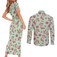 Green Paniolo Palaka Hawaiian Cowgirl Christmas Couples Matching Short Sleeve Bodycon Dress and Long Sleeve Button Shirt - Polynesian Pride