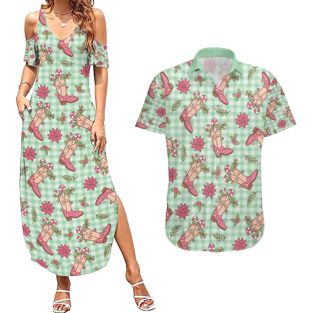 Green Paniolo Palaka Hawaiian Cowgirl Christmas Couples Matching Summer Maxi Dress and Hawaiian Shirt - Polynesian Pride