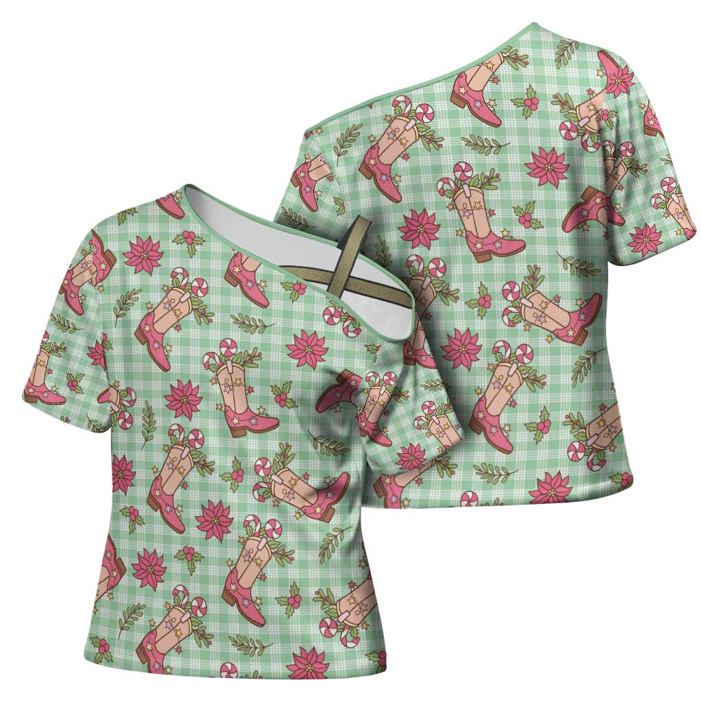 Green Paniolo Palaka Hawaiian Cowgirl Christmas Cross Shoulder Shirt - Polynesian Pride