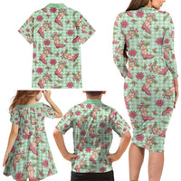 Green Paniolo Palaka Hawaiian Cowgirl Christmas Family Matching Long Sleeve Bodycon Dress and Hawaiian Shirt - Polynesian Pride