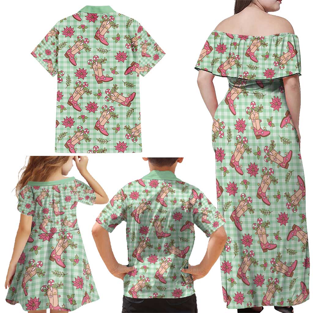 Green Paniolo Palaka Hawaiian Cowgirl Christmas Family Matching Off Shoulder Maxi Dress and Hawaiian Shirt - Polynesian Pride
