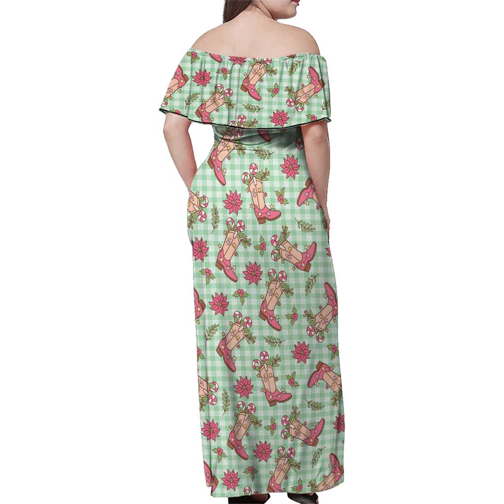 Green Paniolo Palaka Hawaiian Cowgirl Christmas Family Matching Off Shoulder Maxi Dress and Hawaiian Shirt - Polynesian Pride