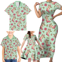 Green Paniolo Palaka Hawaiian Cowgirl Christmas Family Matching Short Sleeve Bodycon Dress and Hawaiian Shirt - Polynesian Pride