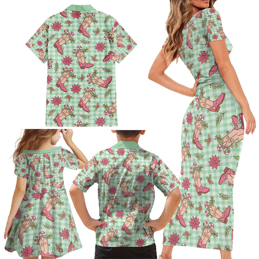 Green Paniolo Palaka Hawaiian Cowgirl Christmas Family Matching Short Sleeve Bodycon Dress and Hawaiian Shirt - Polynesian Pride