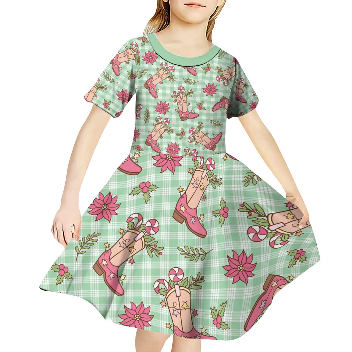 Green Paniolo Palaka Hawaiian Cowgirl Christmas Kid Short Sleeve Dress - Polynesian Pride