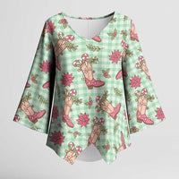 Green Paniolo Palaka Hawaiian Cowgirl Christmas Kimono Sleeve Blouse - Polynesian Pride