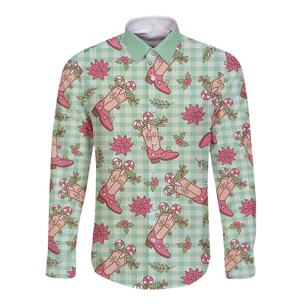 Green Paniolo Palaka Hawaiian Cowgirl Christmas Long Sleeve Button Shirt - Polynesian Pride