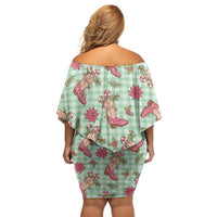 Green Paniolo Palaka Hawaiian Cowgirl Christmas Off Shoulder Short Dress - Polynesian Pride